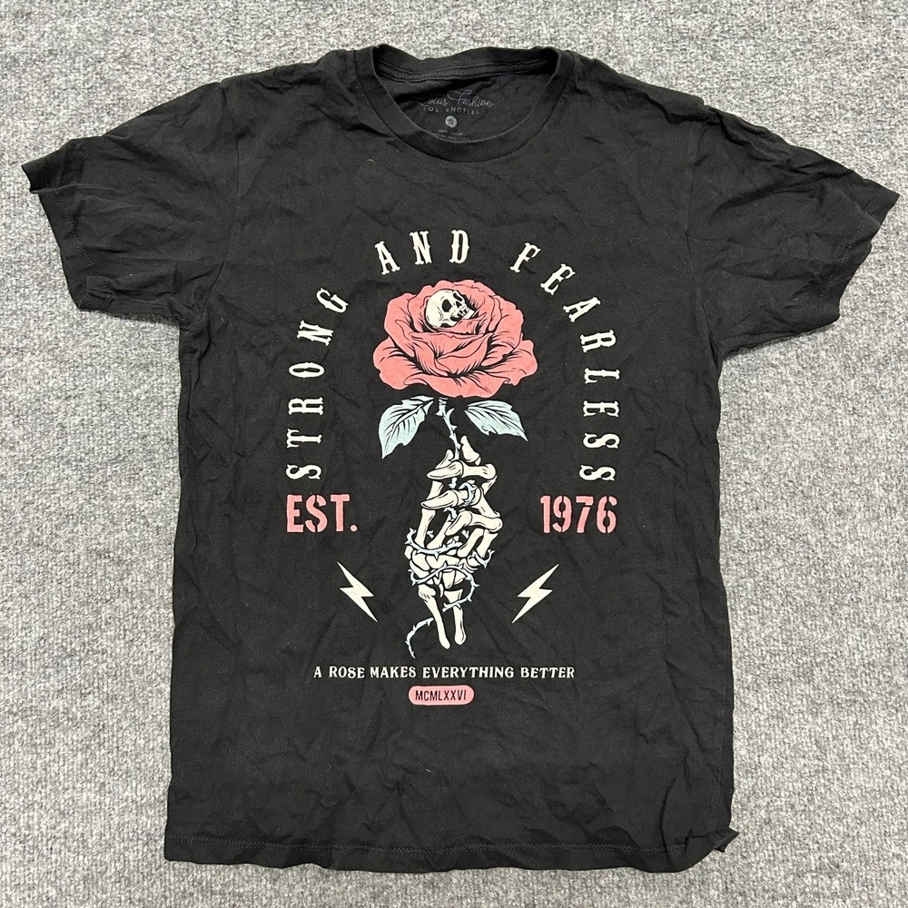 Lotus Fashion T-Shirt Womens Size S Black Rose Skeleton Graphic Cotton Tee Shirt